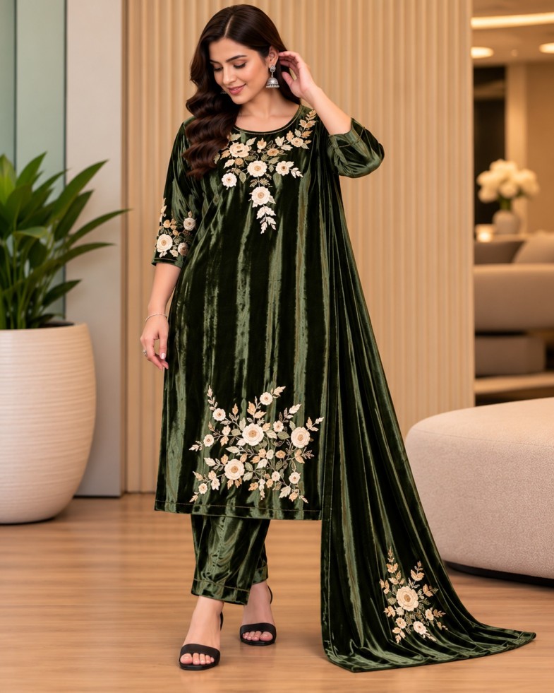 AAVARI Women’s Dark Olive Green Floral Embroidered Velvet-Look Kurta Pant Set with Dupatta