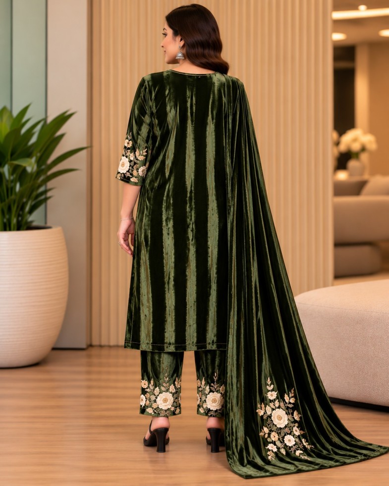 AAVARI Women’s Dark Olive Green Floral Embroidered Velvet-Look Kurta Pant Set with Dupatta