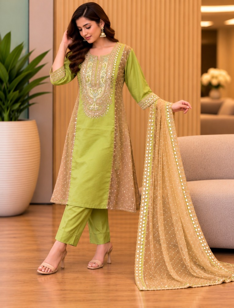 AAVARI Women’s Light Olive Green Embroidered Kurta Pant Set with Gold-Tone Net Dupatta