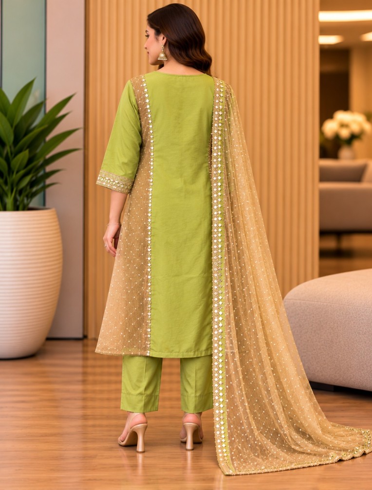 AAVARI Women’s Light Olive Green Embroidered Kurta Pant Set with Gold-Tone Net Dupatta