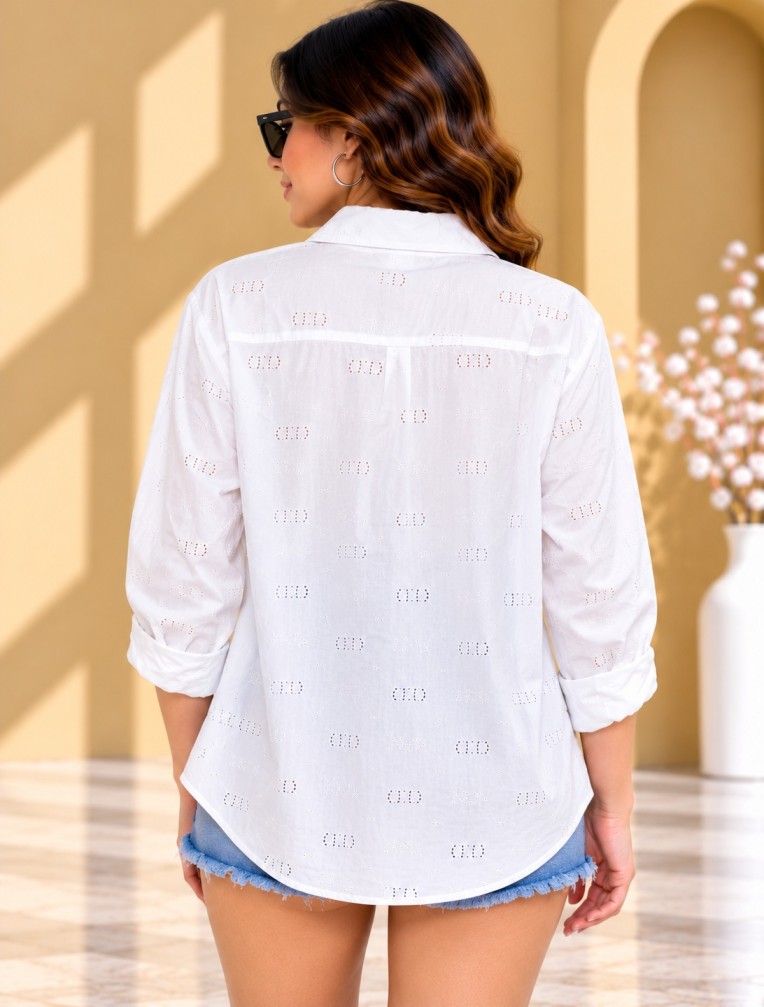 Women’s White Eyelet Embroidered Shirt with Long Sleeves and Curved Hem