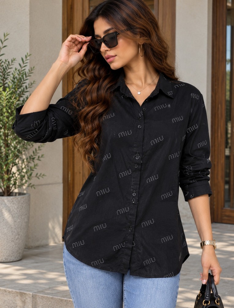 Women’s Black Shirt with Silver-Tone Lettering Detail, Long Sleeves and Curved Hem