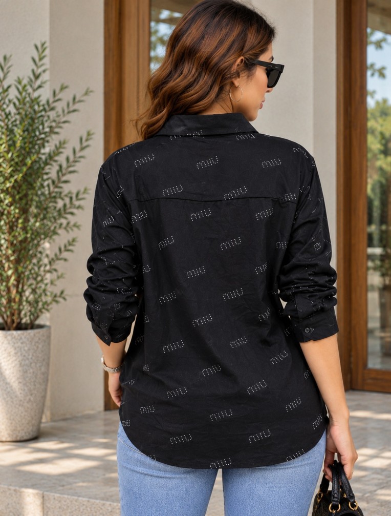 Women’s Black Shirt with Silver-Tone Lettering Detail, Long Sleeves and Curved Hem