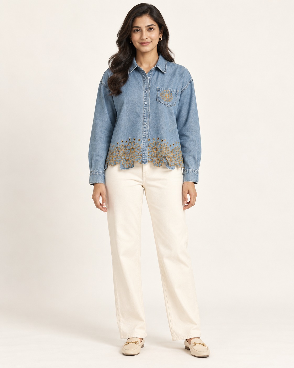 Women’s Light Blue Denim Shirt with Floral Embroidery, Full Sleeves & Scalloped Hem