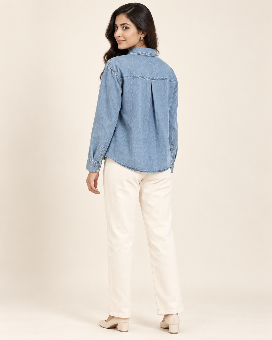 Women’s Light Blue Denim Shirt with Floral Embroidery, Full Sleeves & Scalloped Hem