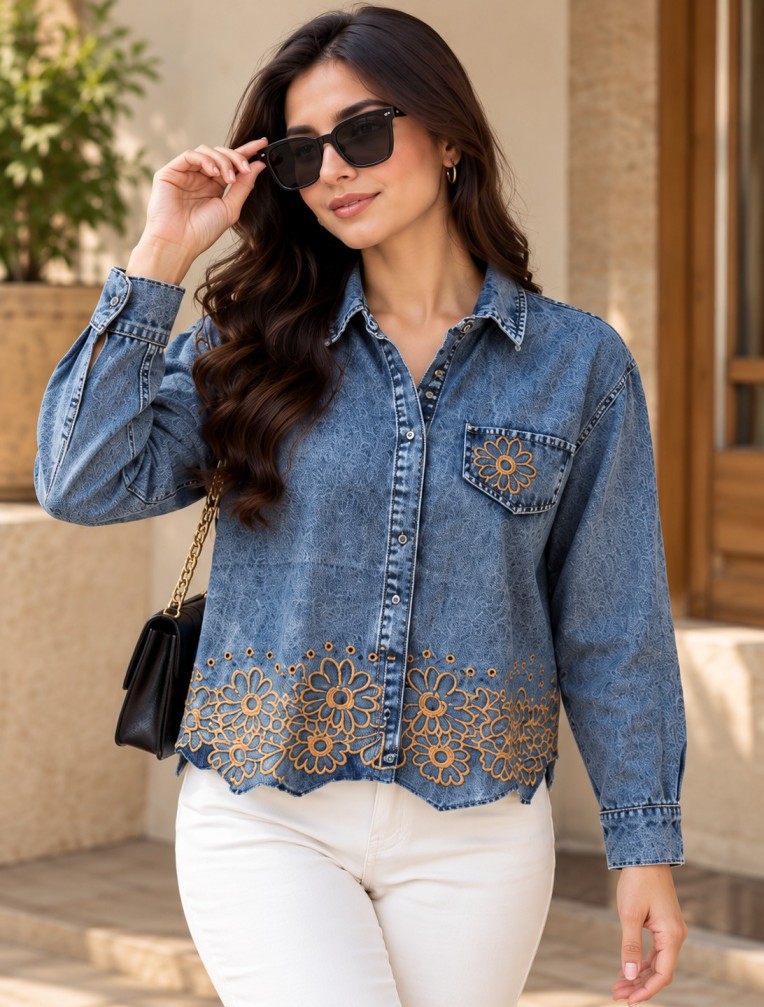Women’s Blue Denim Shirt with Mustard Floral Embroidery, Long Sleeves and Scalloped Front Hem