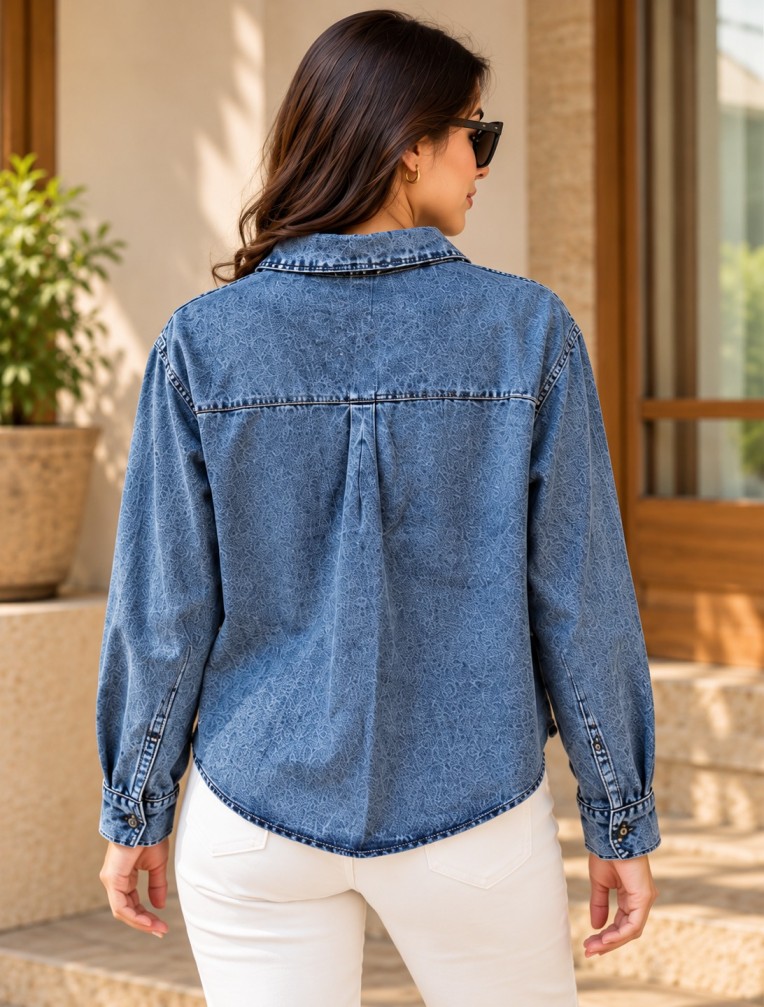 Women’s Blue Denim Shirt with Mustard Floral Embroidery, Long Sleeves and Scalloped Front Hem