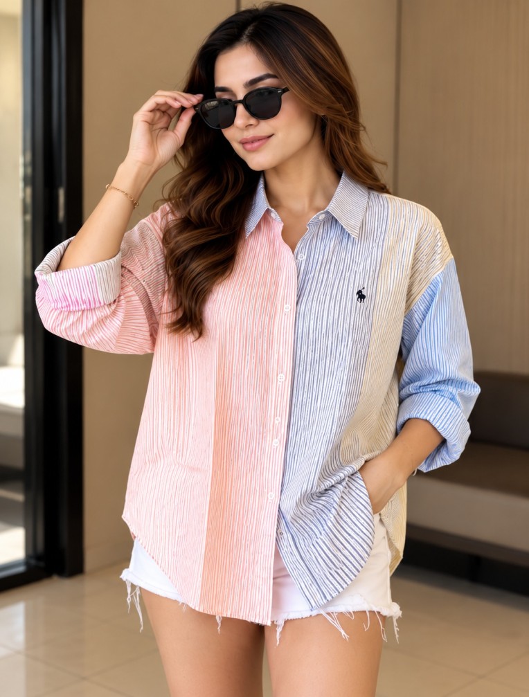 Women’s Multicolor Striped Colorblock Shirt with Long Sleeves and Relaxed Fit