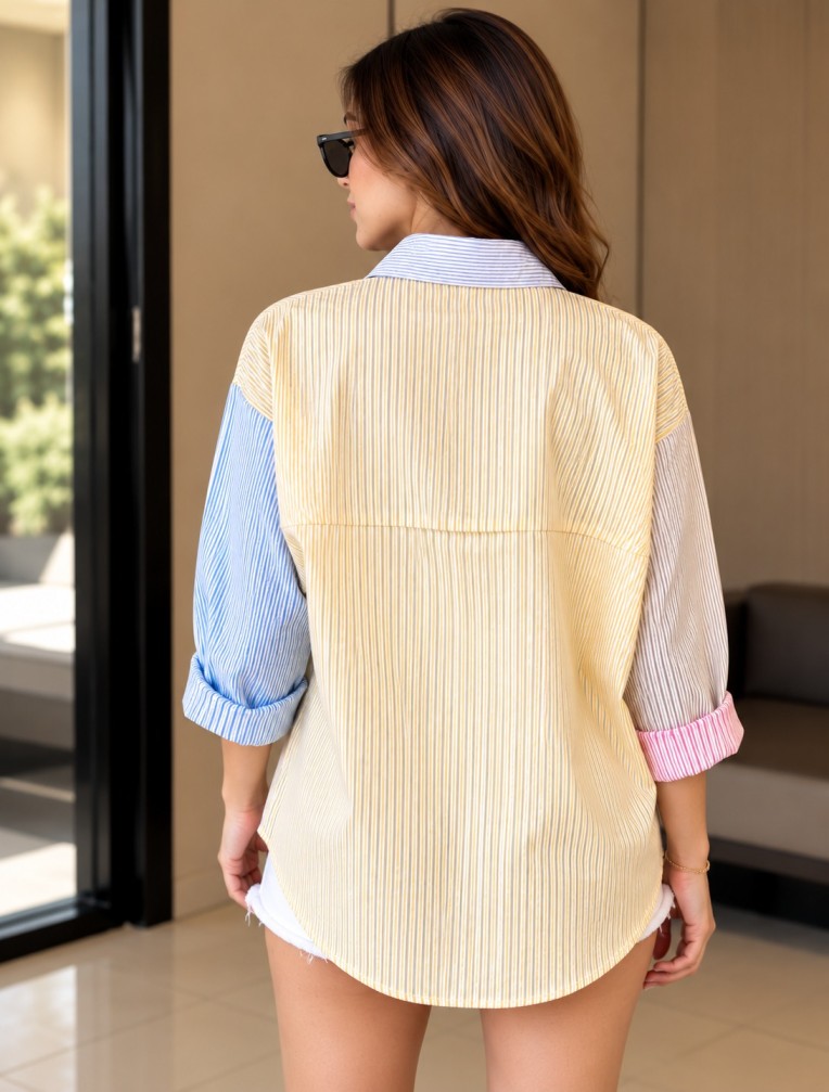 Women’s Multicolor Striped Colorblock Shirt with Long Sleeves and Relaxed Fit