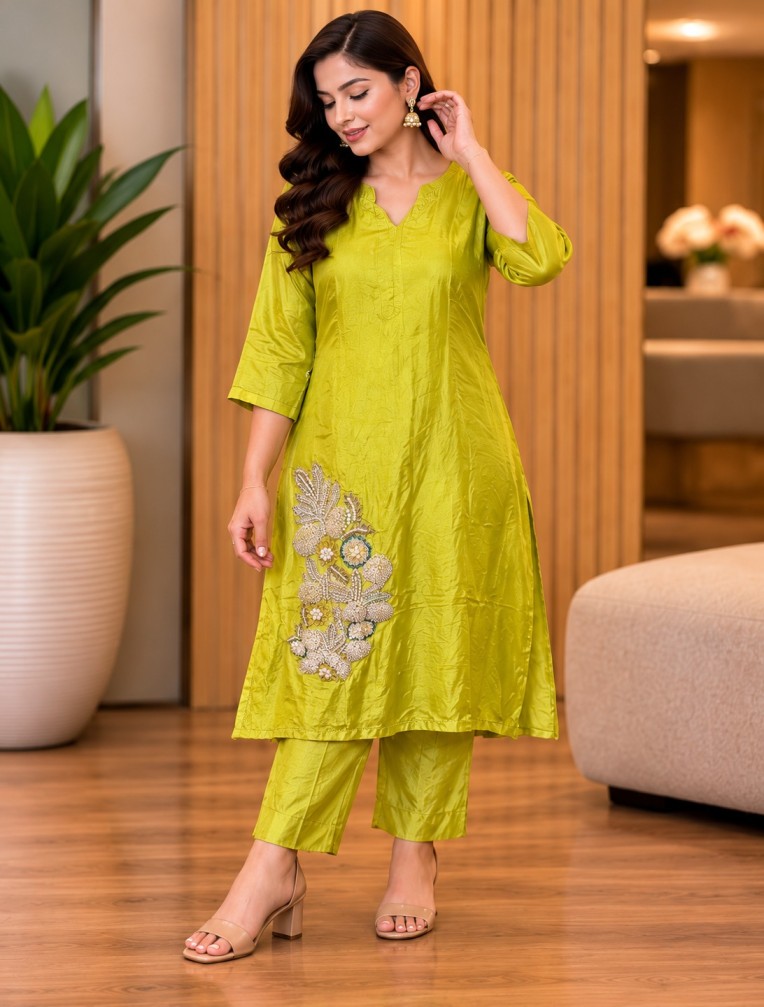 Women’s Lime Green Embellished Kurta & Pant Set with Three-Quarter Sleeves