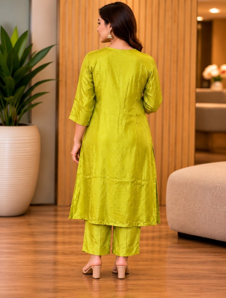 Women’s Lime Green Embellished Kurta & Pant Set with Three-Quarter Sleeves