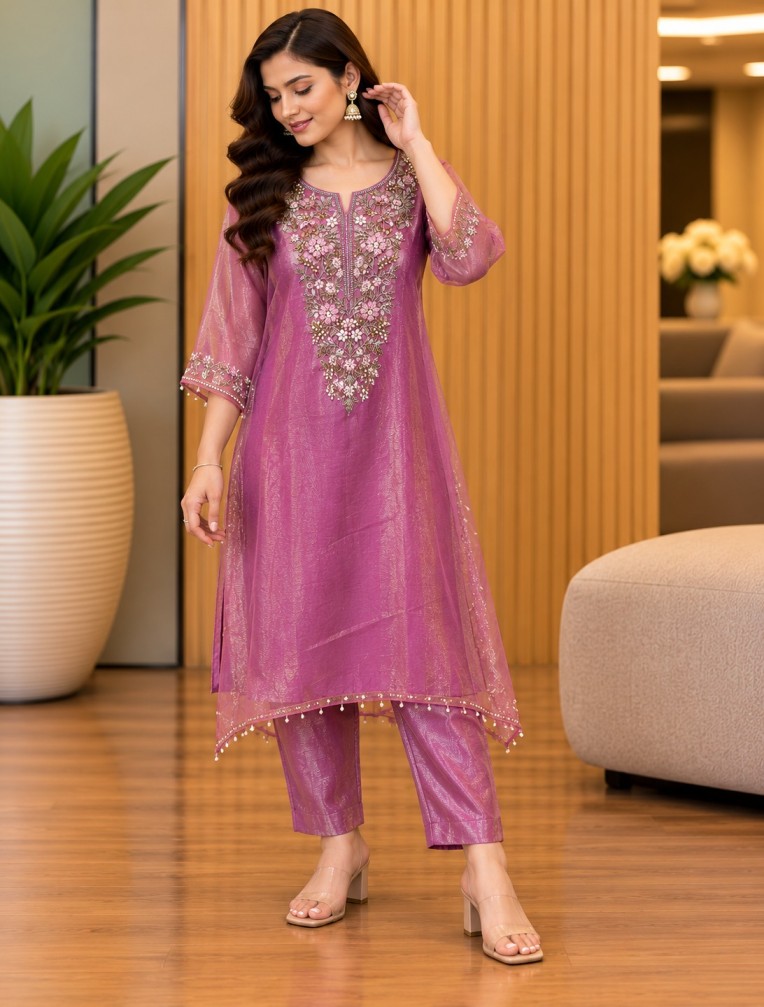 Women’s Mauve Pink Floral Embroidered Kurta & Pant Set