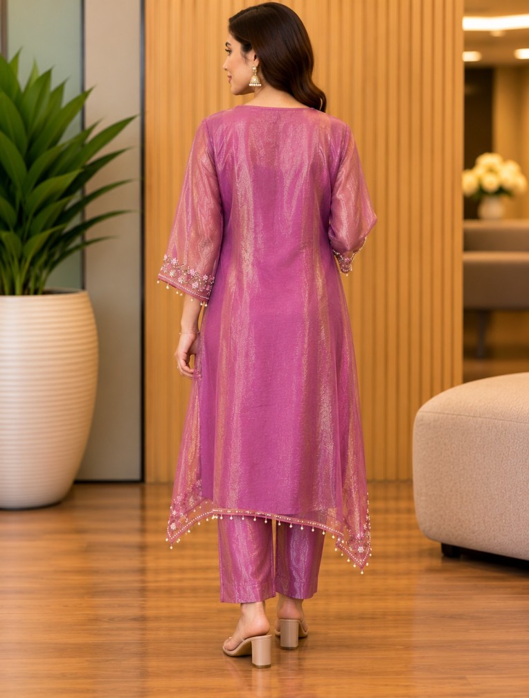 Women’s Mauve Pink Floral Embroidered Kurta & Pant Set