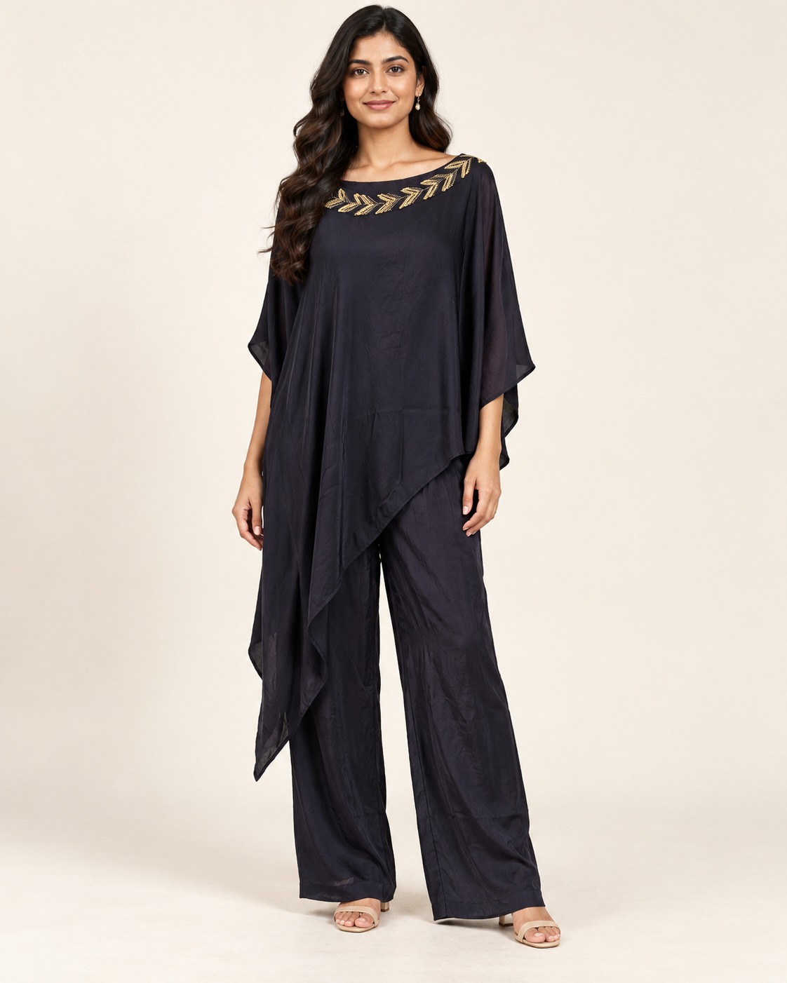 Women’s Black Asymmetric Kaftan Co-ord Set with Gold-Tone Embellished Neckline & Wide-Leg Pants