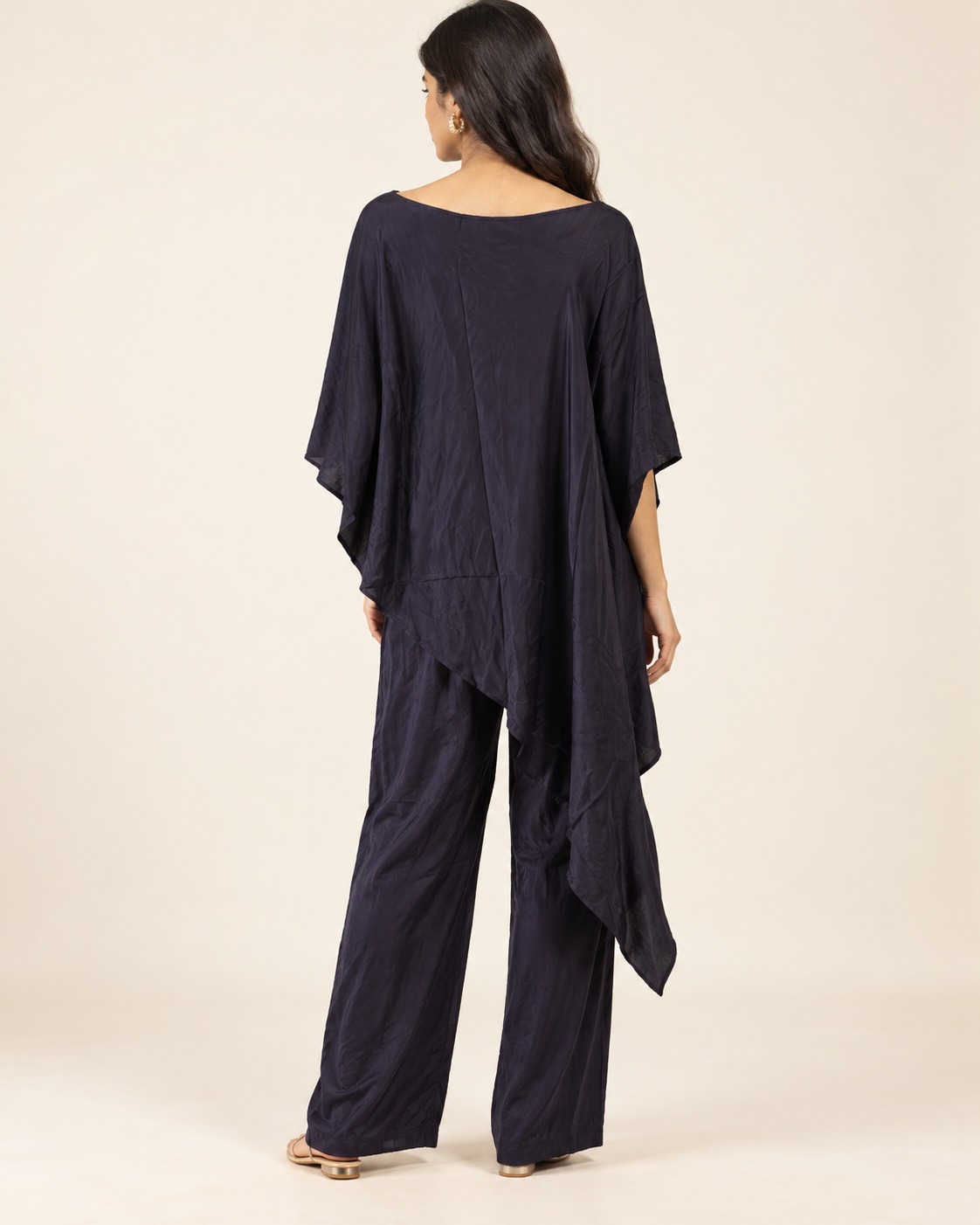 Women’s Black Asymmetric Kaftan Co-ord Set with Gold-Tone Embellished Neckline & Wide-Leg Pants