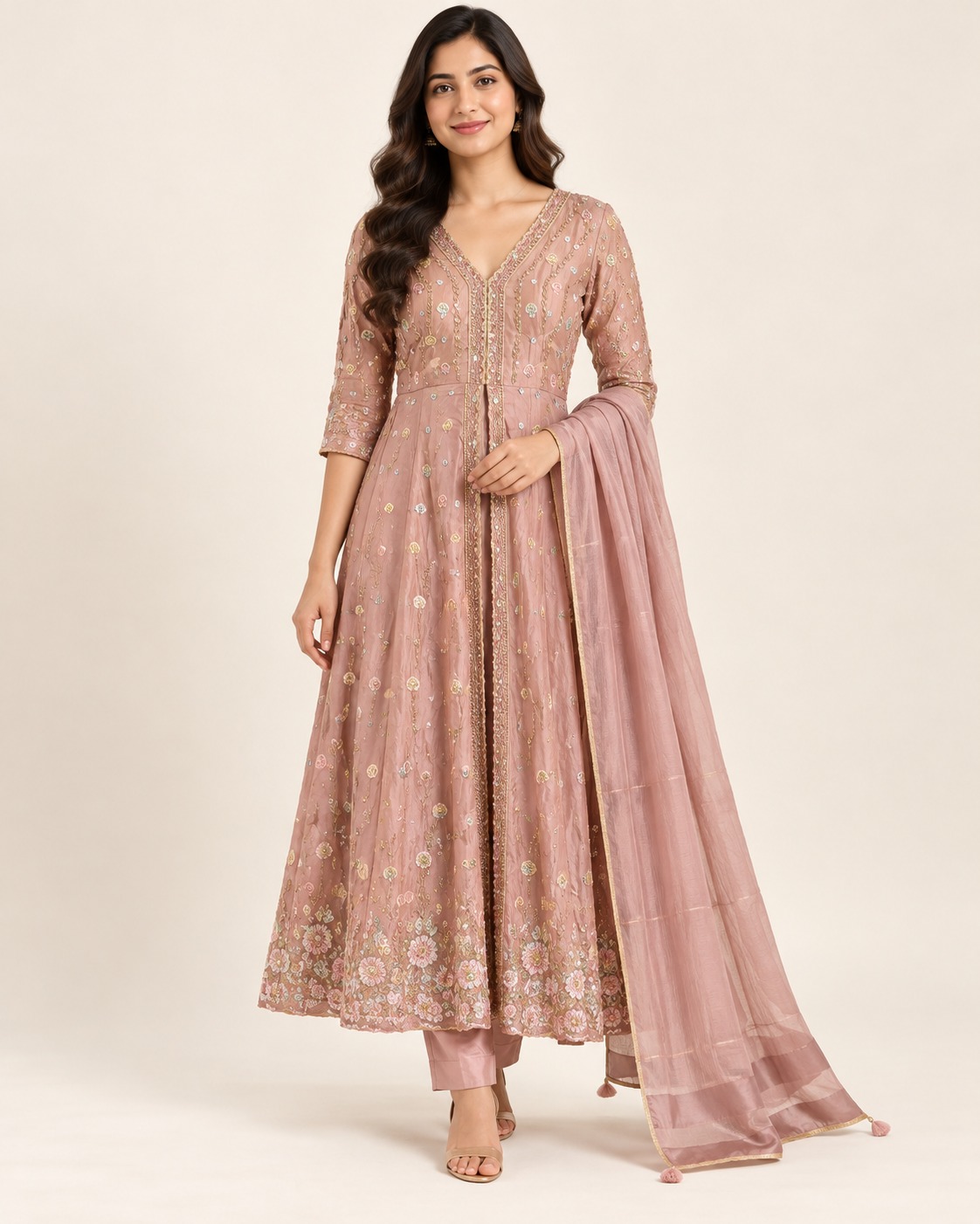 Women’s Dusty Rose Embroidered Anarkali Kurta Set with Pants & Tassel Dupatta