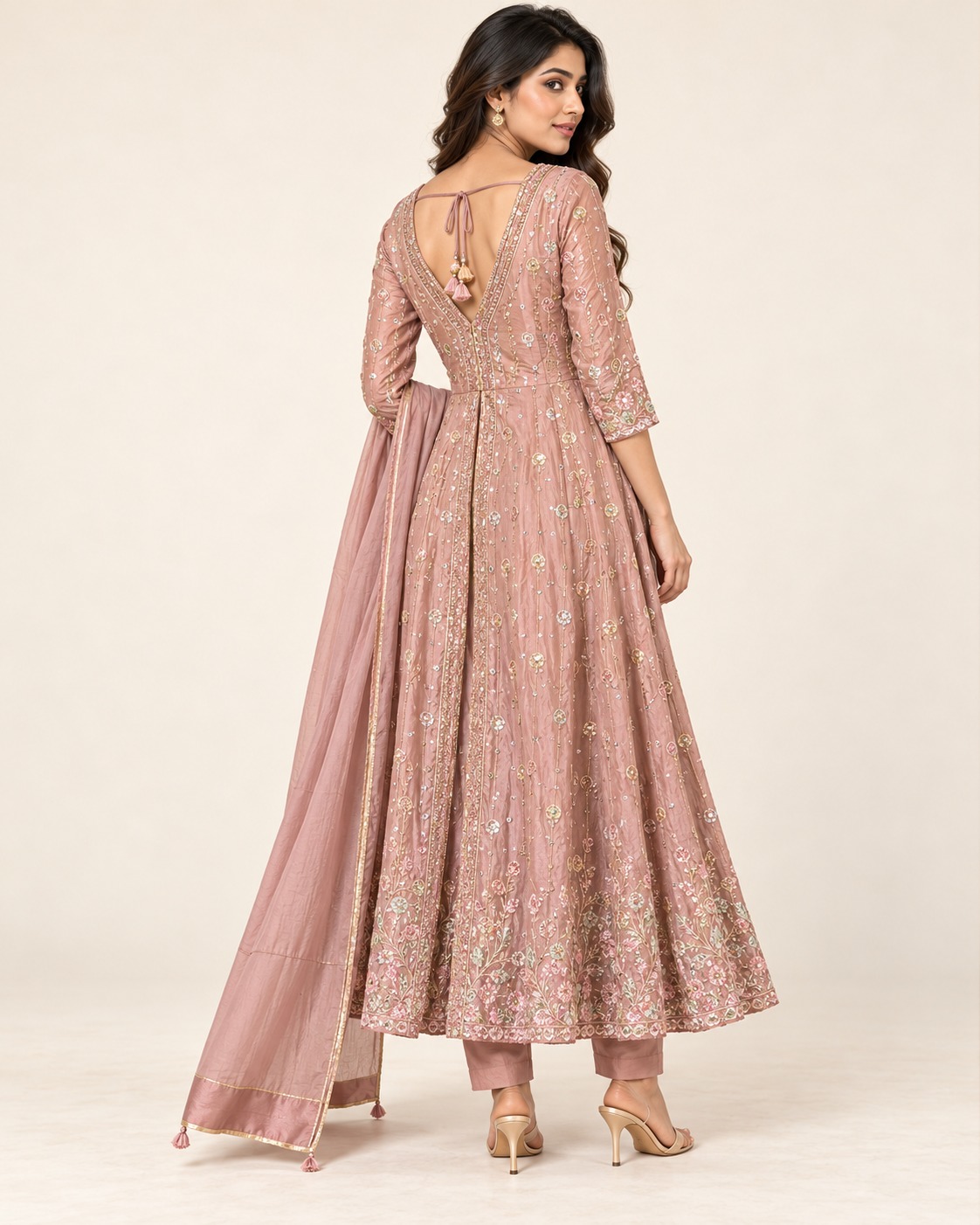 Women’s Dusty Rose Embroidered Anarkali Kurta Set with Pants & Tassel Dupatta