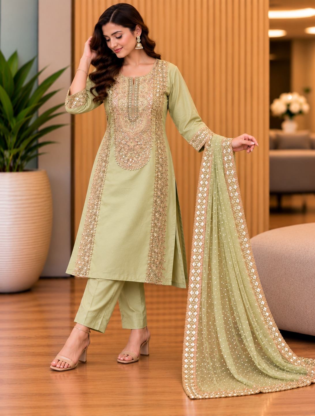 Women’s Pista Green Embellished Kurta & Pant Set with Sheer Bordered Dupatta