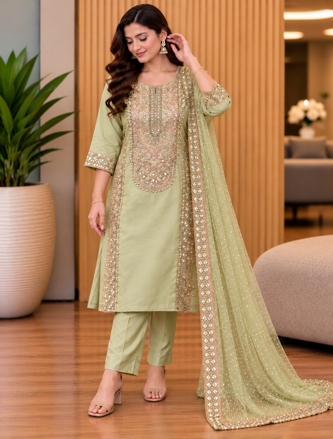 Women’s Pista Green Embellished Kurta & Pant Set with Sheer Bordered Dupatta