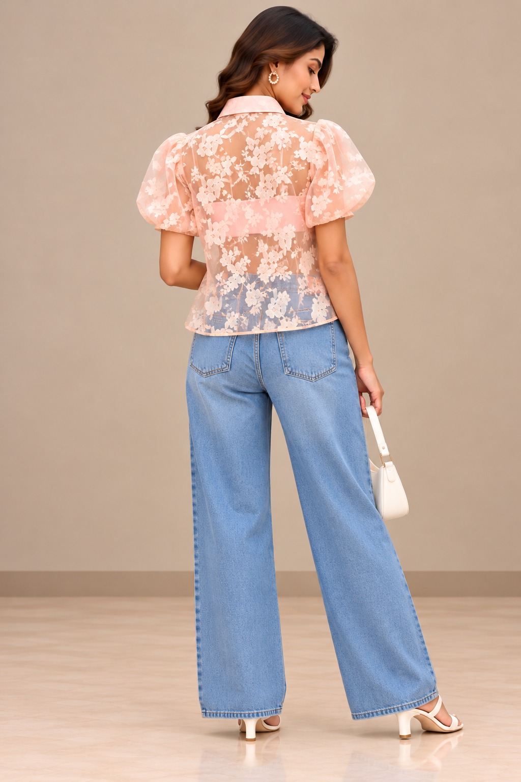 Women’s Blush Pink Sheer Floral Top with 3D Flower Appliqués and Short Puff Sleeves