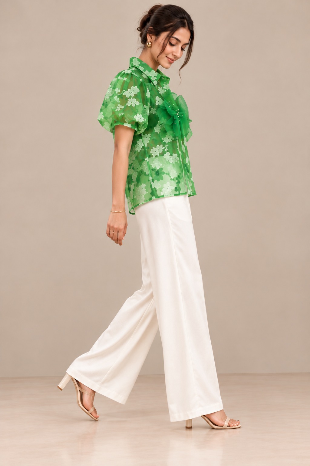 Women’s Green Sheer Floral Shirt with Puff Sleeves & 3D Flower Appliqués