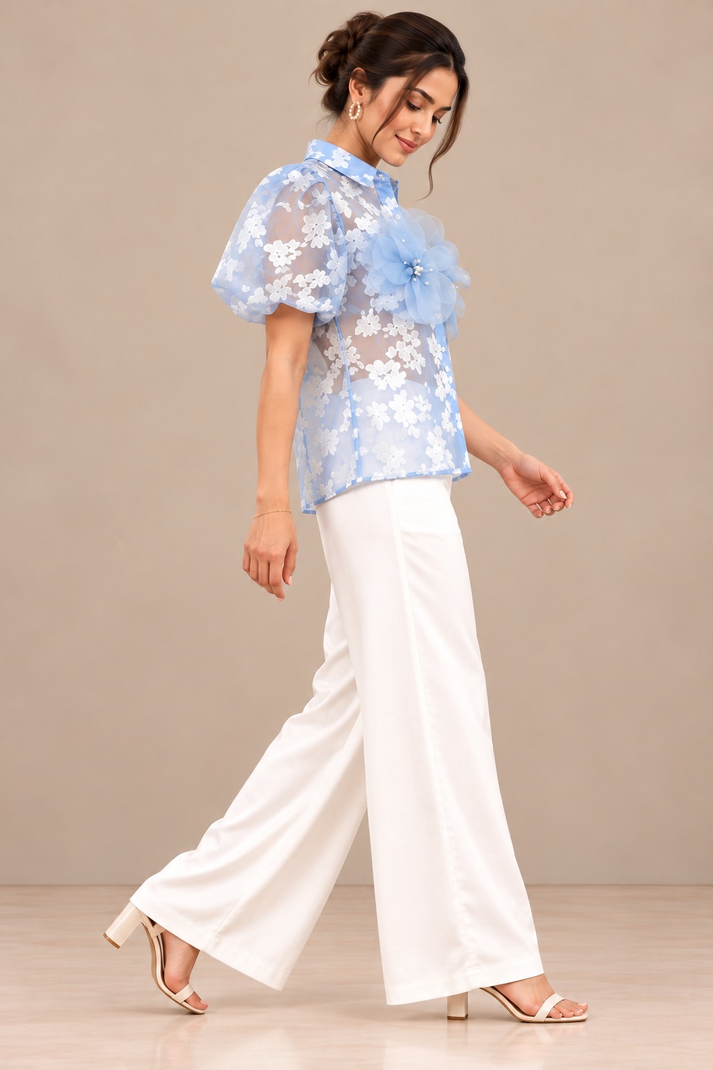 Women’s Powder Blue Sheer Floral Shirt with Puff Sleeves & 3D Flower Appliqués