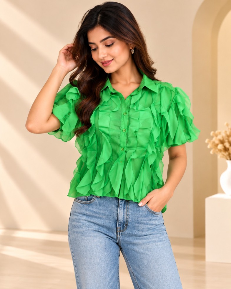 Women’s Green Ruffle Shirt with Short Puff Sleeves & Button-Down Front