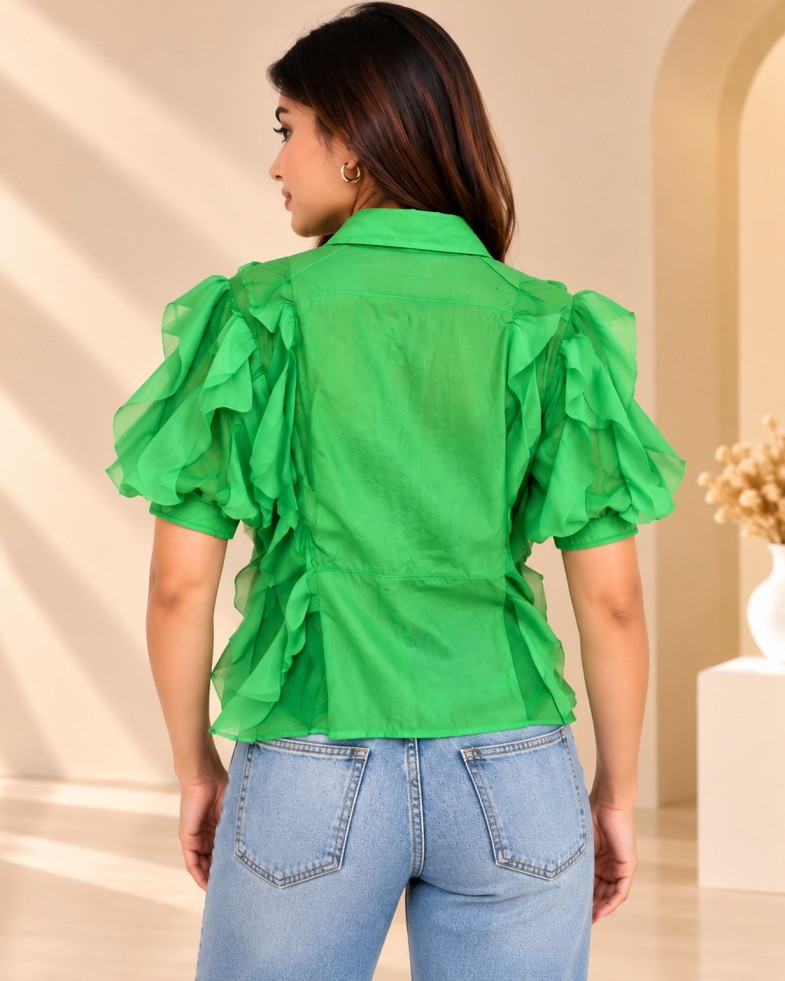 Women’s Green Ruffle Shirt with Short Puff Sleeves & Button-Down Front