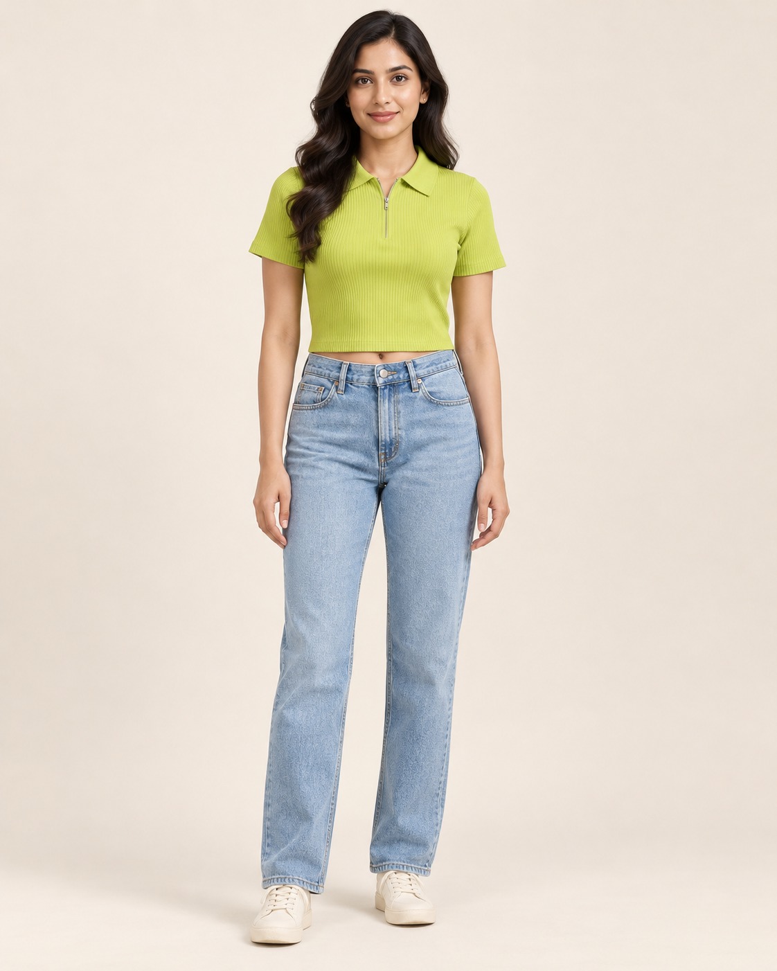 Women’s Lime Green Ribbed Crop Top with Polo Collar, Quarter-Zip Neck