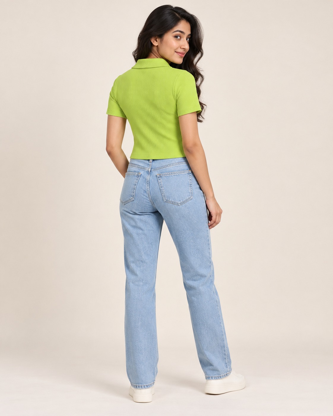 Women’s Lime Green Ribbed Crop Top with Polo Collar, Quarter-Zip Neck