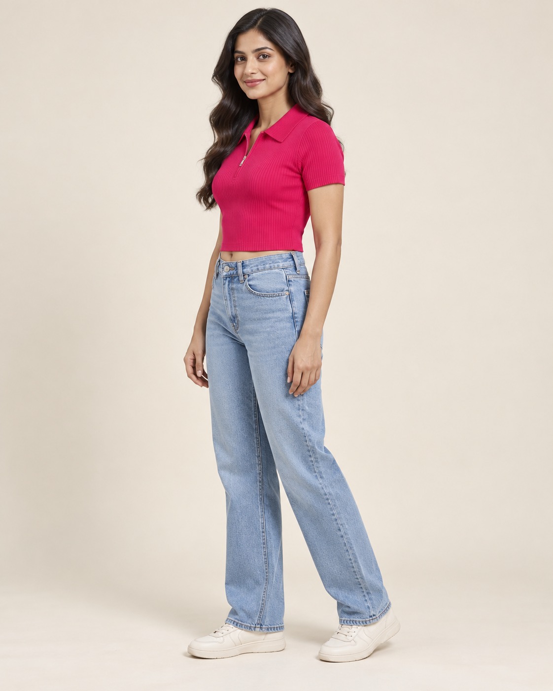 Women’s Fuchsia Pink Ribbed Quarter-Zip Collared Crop Top with Short Sleeves