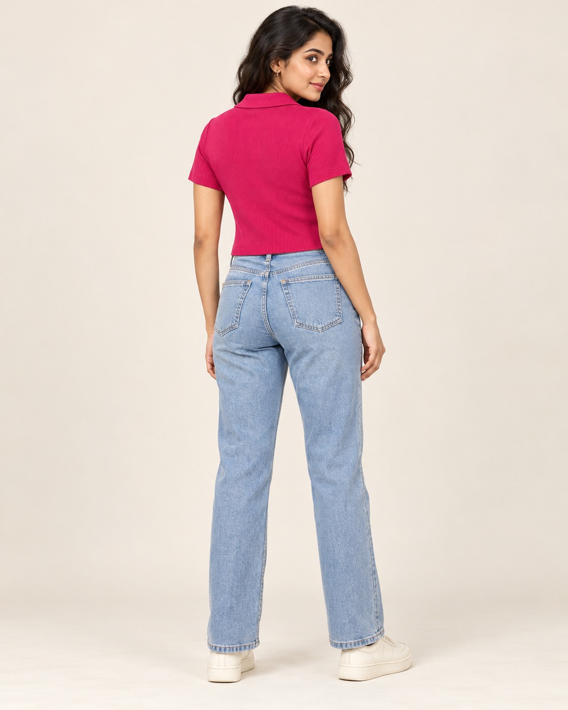 Women’s Fuchsia Pink Ribbed Quarter-Zip Collared Crop Top with Short Sleeves