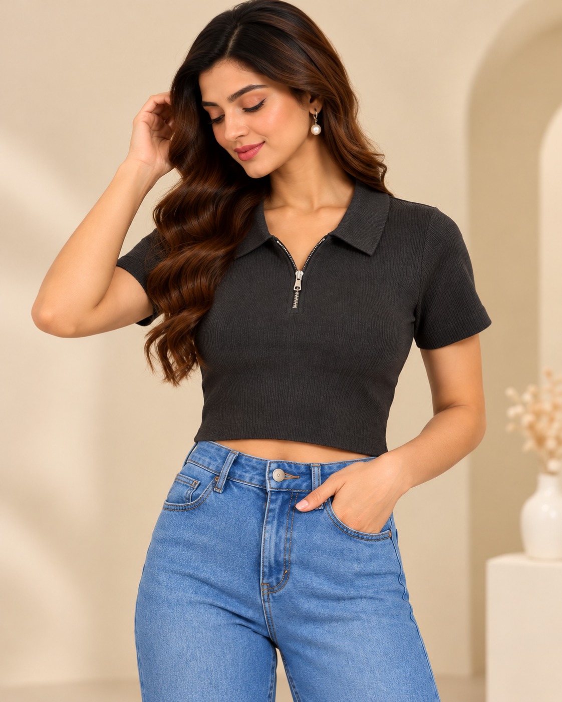Women’s Charcoal Ribbed Crop Top with Polo Collar, Quarter-Zip Neck & Short Sleeves