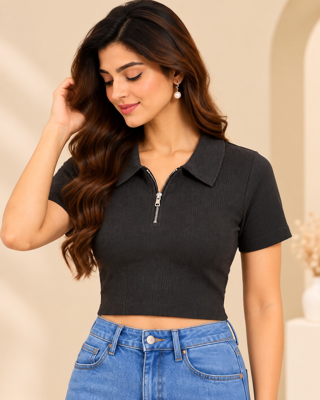 Women’s Charcoal Ribbed Crop Top with Polo Collar, Quarter-Zip Neck & Short Sleeves