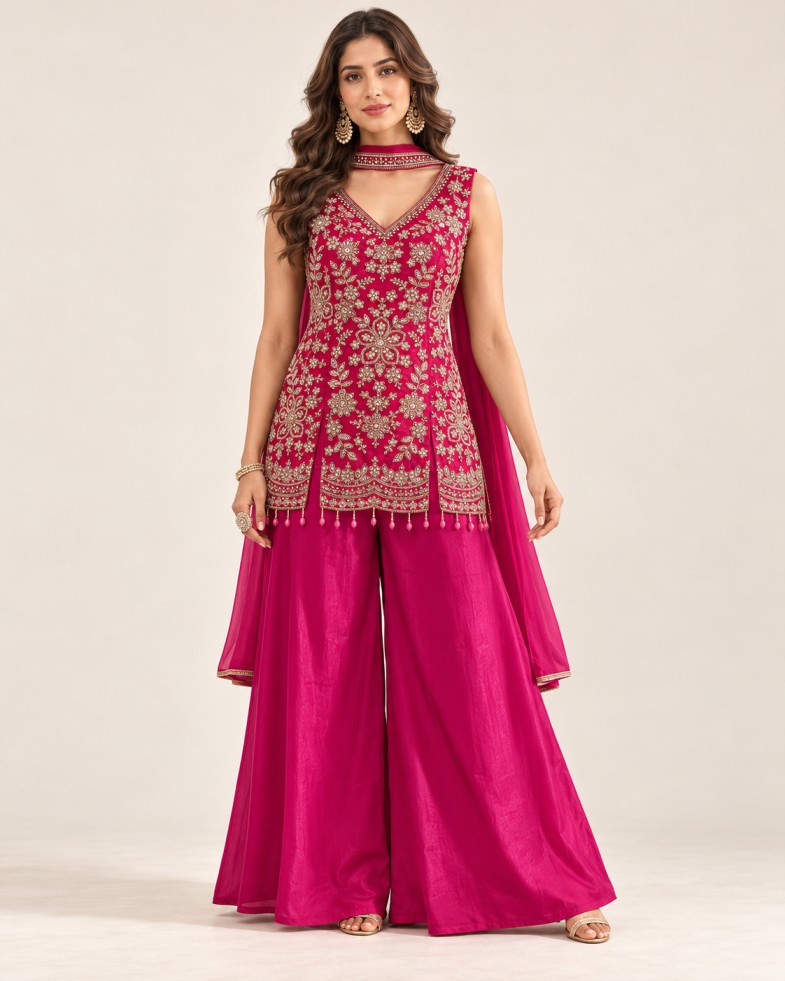 Women’s Rani Pink Embroidered Sleeveless Short Kurta & Flared Palazzo Set