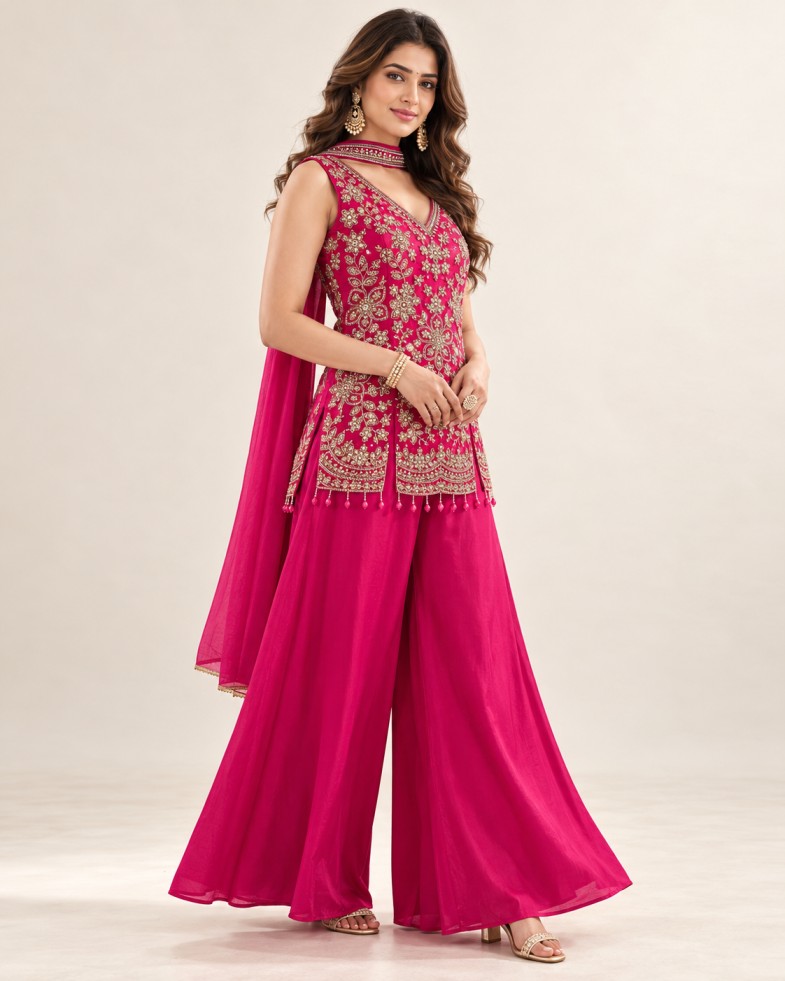 Women’s Rani Pink Embroidered Sleeveless Short Kurta & Flared Palazzo Set
