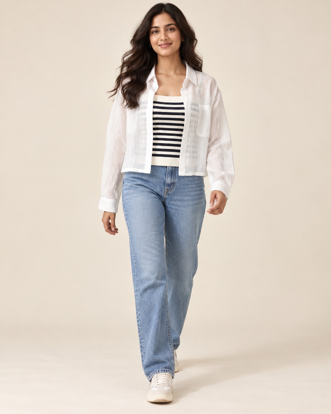 Women’s White Sheer Collared Shirt with Striped Inner Top