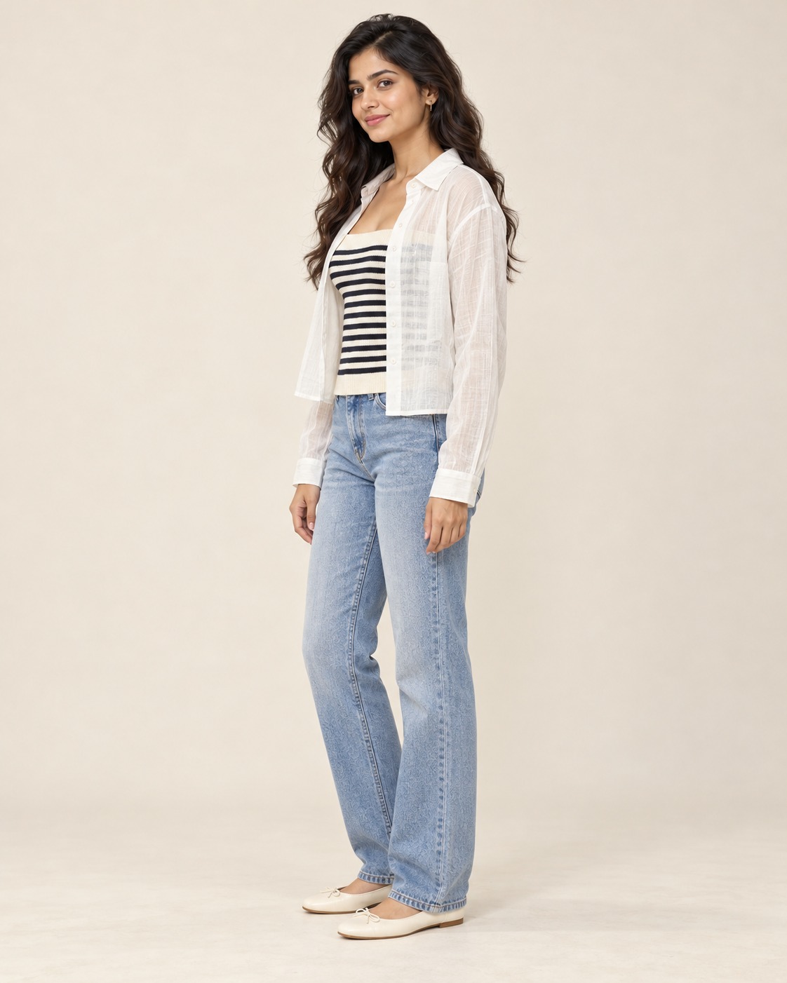 Women’s White Sheer Collared Shirt with Striped Inner Top