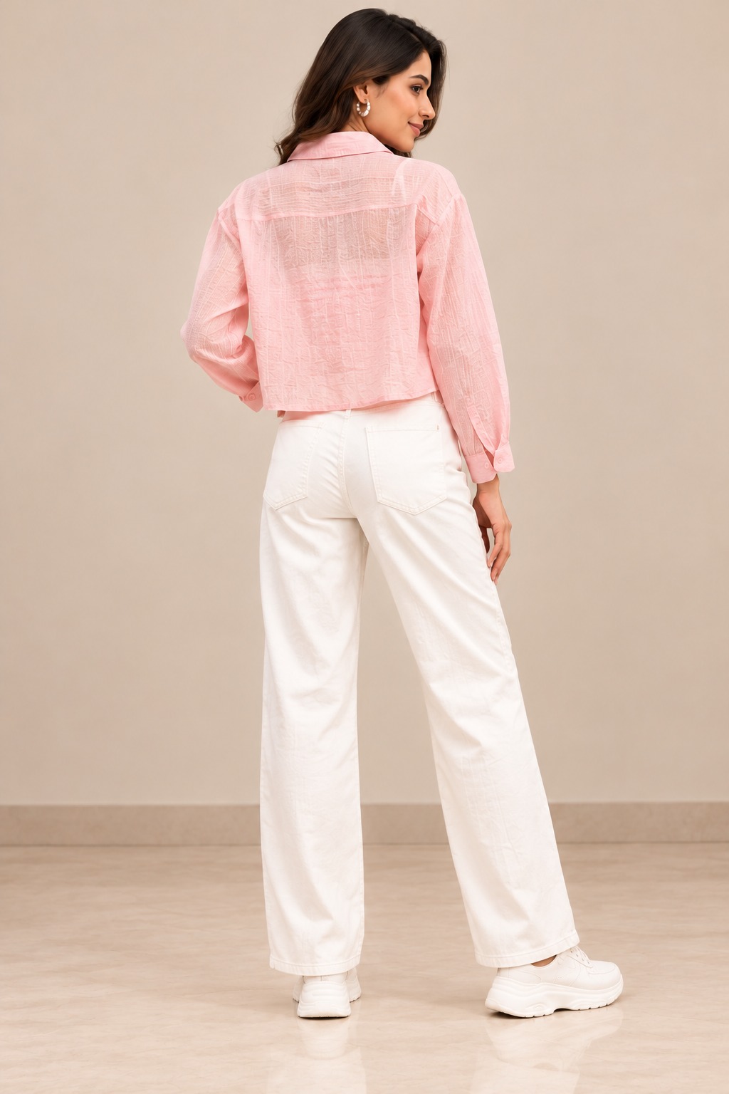 Women’s Light Pink Textured Cropped Shirt with Full Sleeves and Button Front