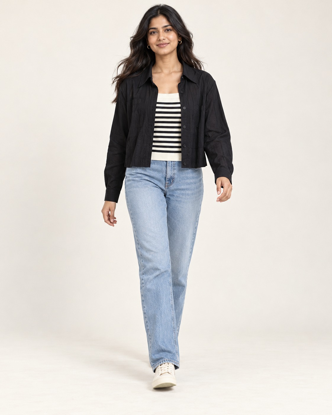 Women’s Black Textured Cropped Shirt with Full Sleeves