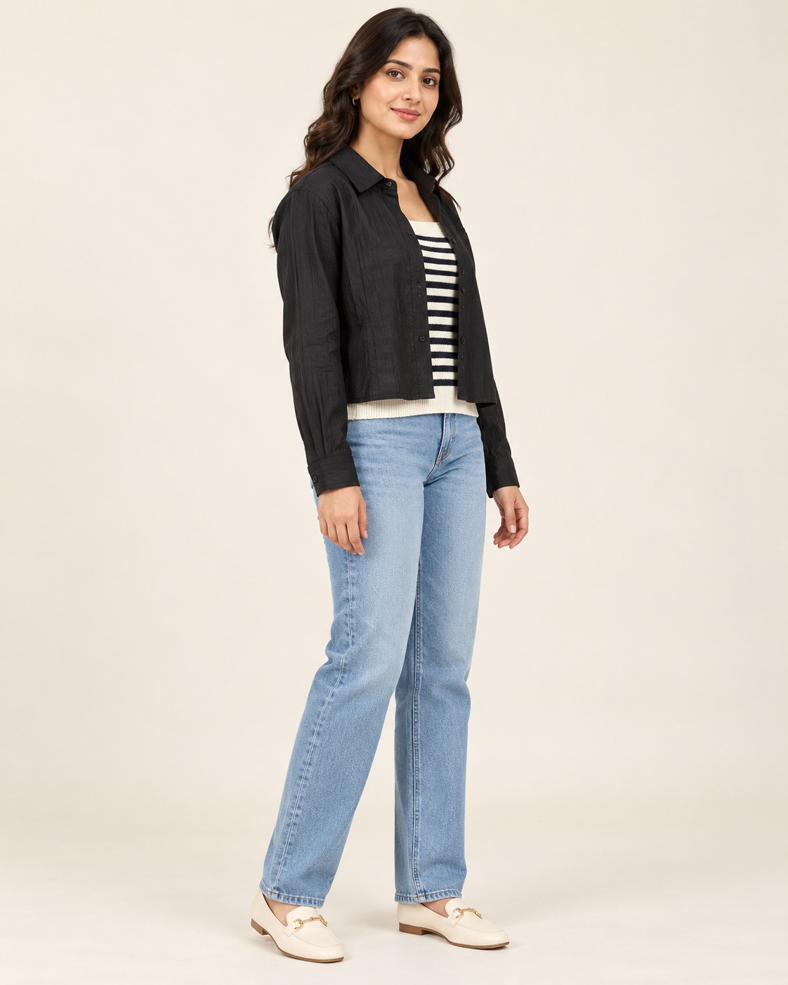 Women’s Black Textured Cropped Shirt with Full Sleeves