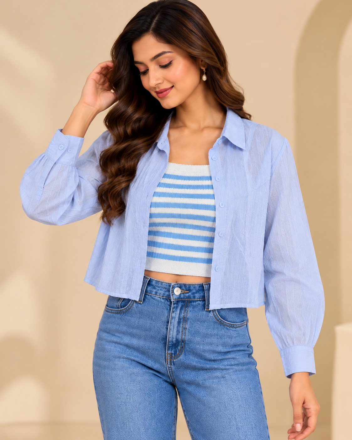 Women’s Light Blue Textured Cropped Shirt with Striped Inner Top