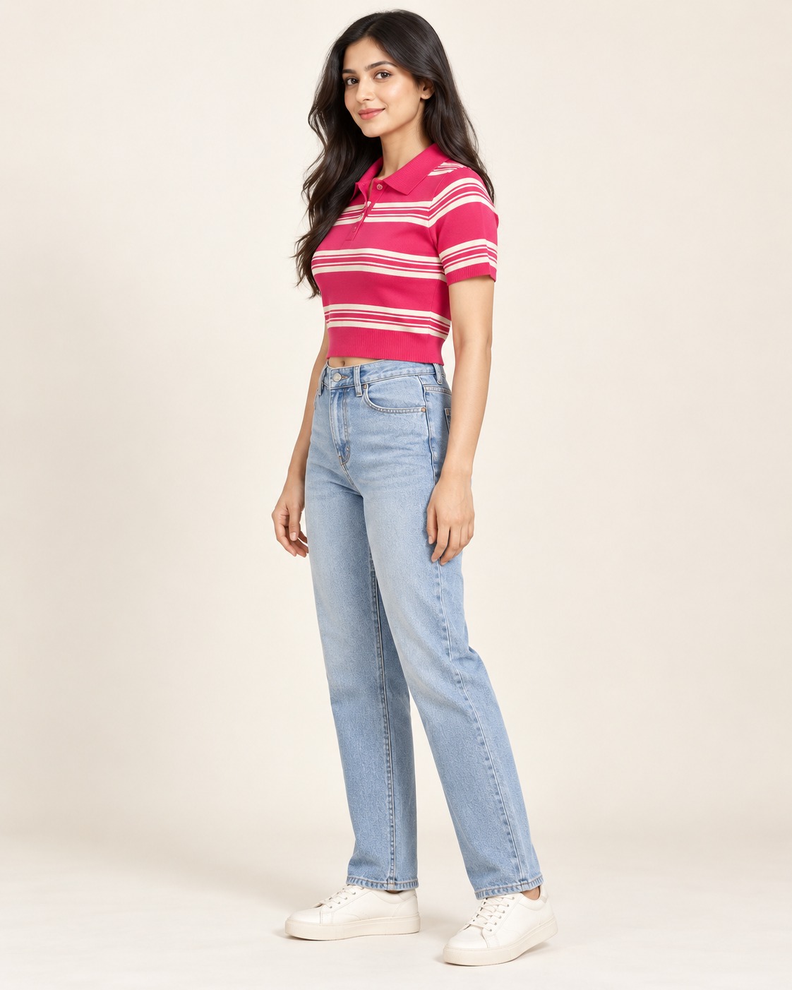 Women’s Hot Pink & Cream Striped Knit Polo Crop Top with Short Sleeves