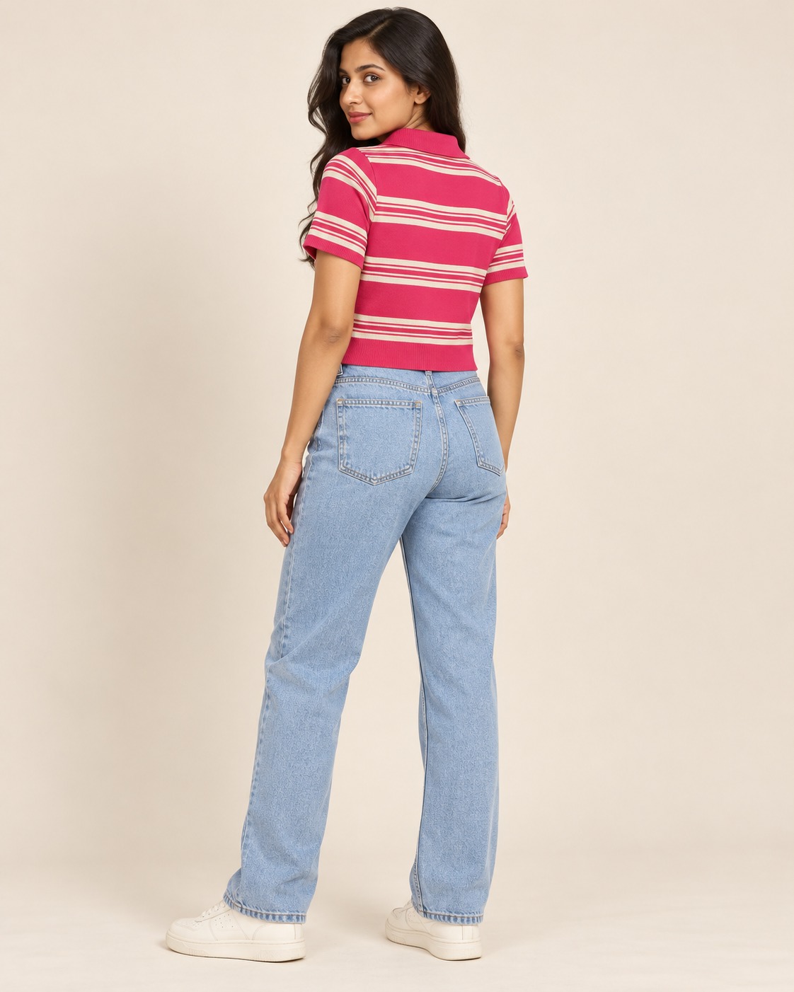 Women’s Hot Pink & Cream Striped Knit Polo Crop Top with Short Sleeves