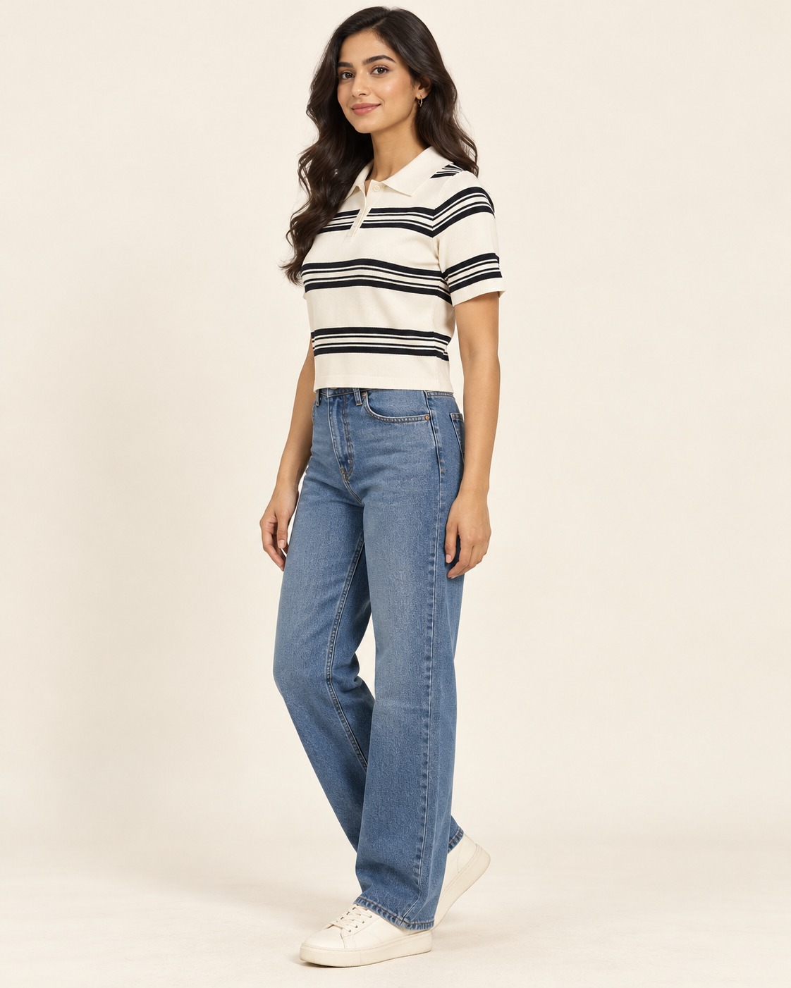 Women’s Cream & Black Striped Knit Polo Crop Top with Short Sleeves