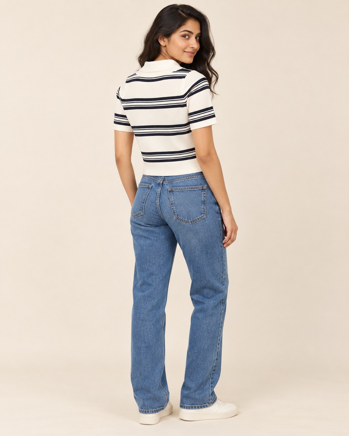 Women’s Cream & Black Striped Knit Polo Crop Top with Short Sleeves