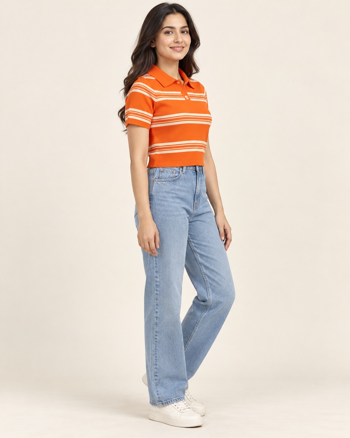 Women’s Orange & Cream Striped Knit Polo Crop Top with Short Sleeves