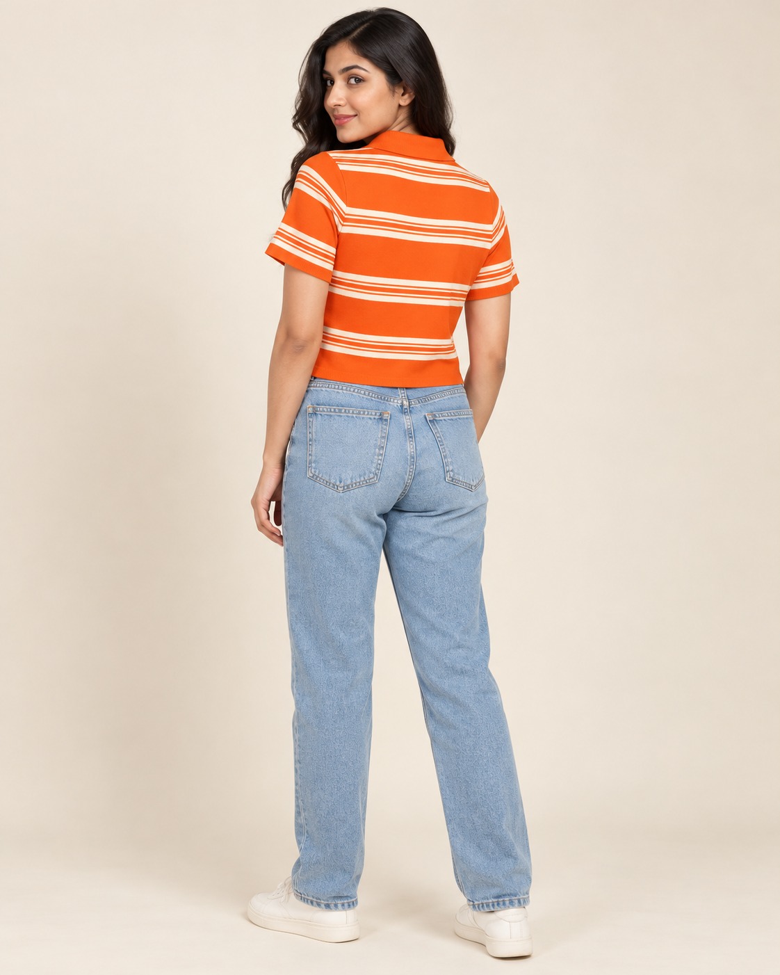 Women’s Orange & Cream Striped Knit Polo Crop Top with Short Sleeves