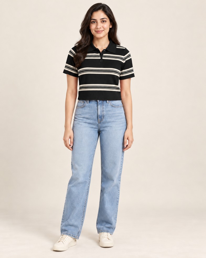 Women’s Black & Cream Striped Knit Polo Crop Top with Short Sleeves