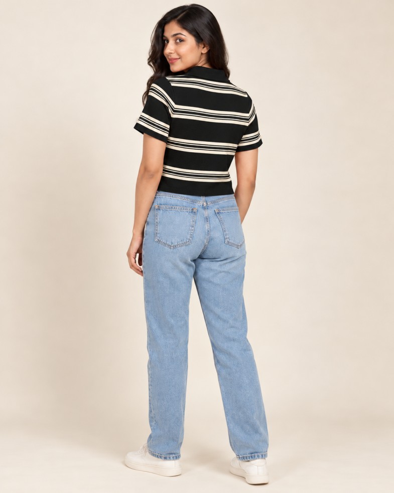 Women’s Black & Cream Striped Knit Polo Crop Top with Short Sleeves